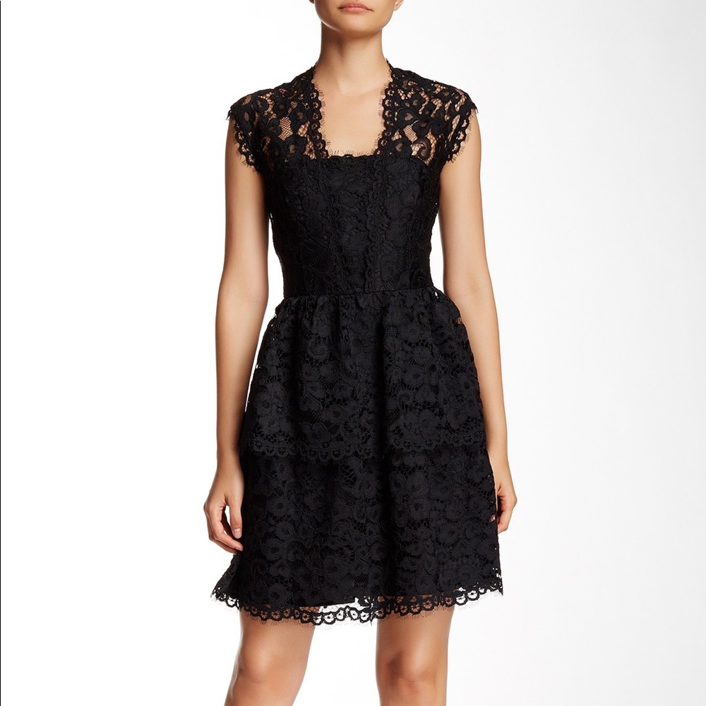 Shoshanna Vanita lace fit & flare dress tiered ruffle dress black Anthropologie